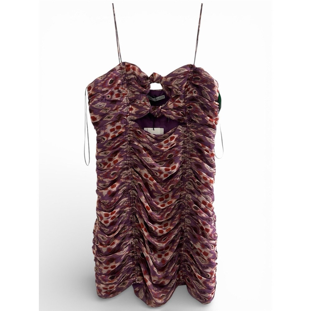 Zara Ruched Cut Out‎ Mini Dress Purple Abstract Spaghetti Strap Bodycon M